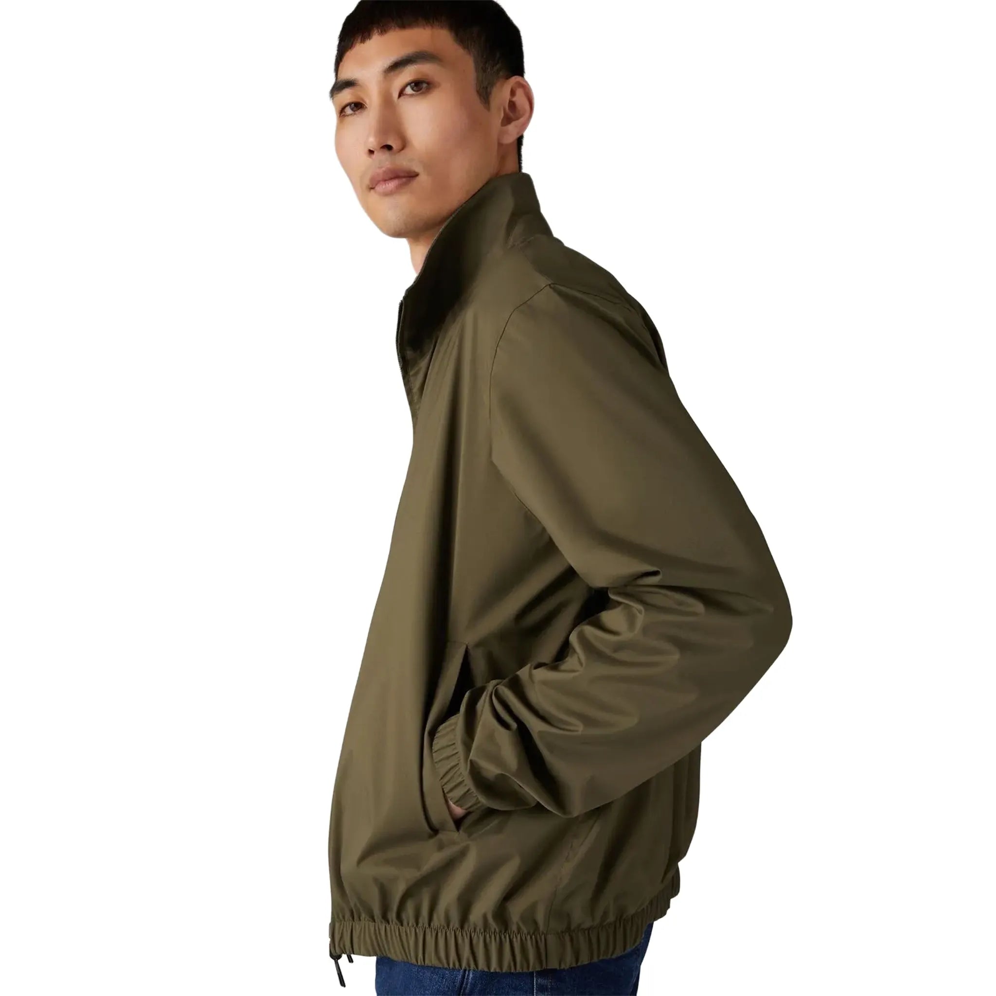 Side View of Loro Piana Windmate Storm System Dark Green Flannel Melange Bomber Jacket FAP9753_B5HA